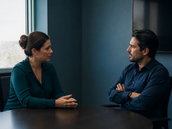 Dos personas del trabajo conversando sentadas frente a frente en una mesa, con una planilla de turnos impresa entre ambas