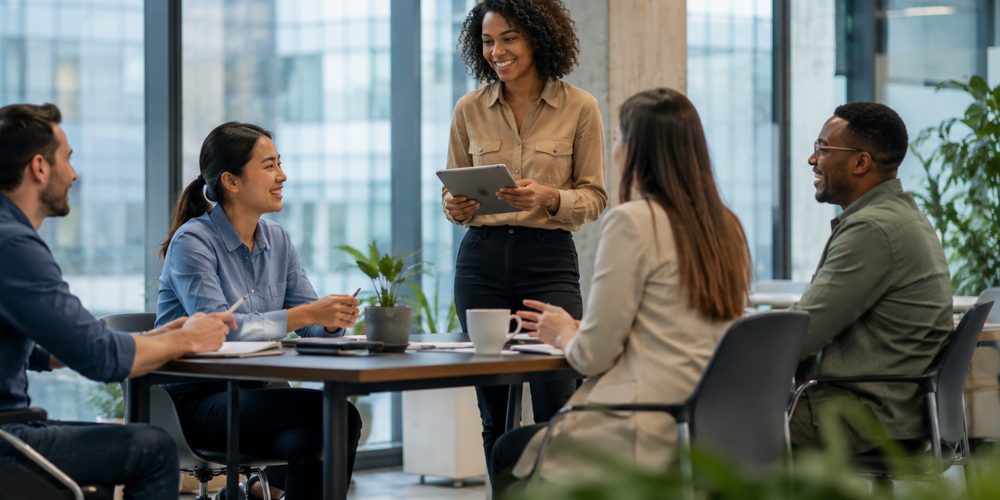 Equipo de trabajo diverso conversa en un taller alrededor de una mesa