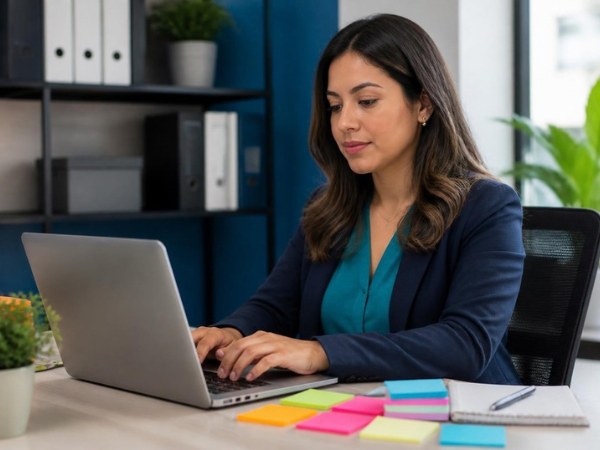 Camila escribe en su notebook rodeada de notas adhesivas con listas de verificación