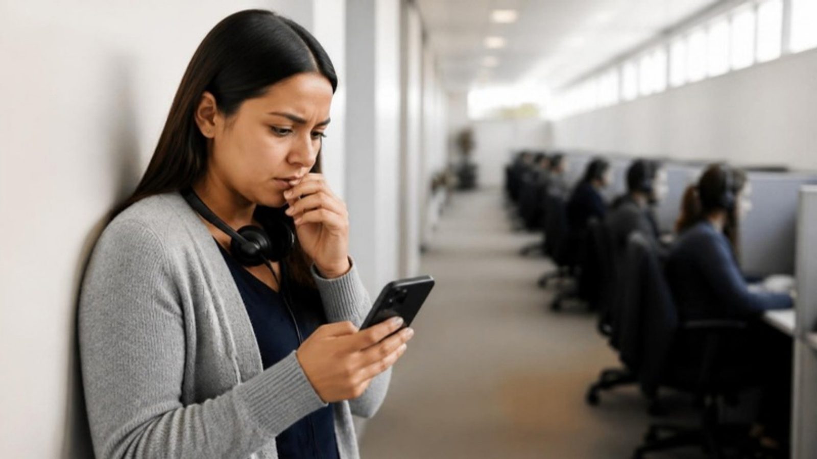 En un pasillo de oficina, una trabajadora mira su celular con expresión incómoda