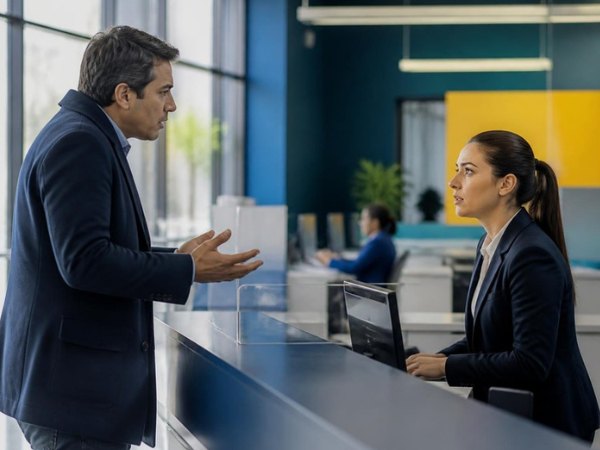 Un cliente discute con una trabajadora en un mesón de atención