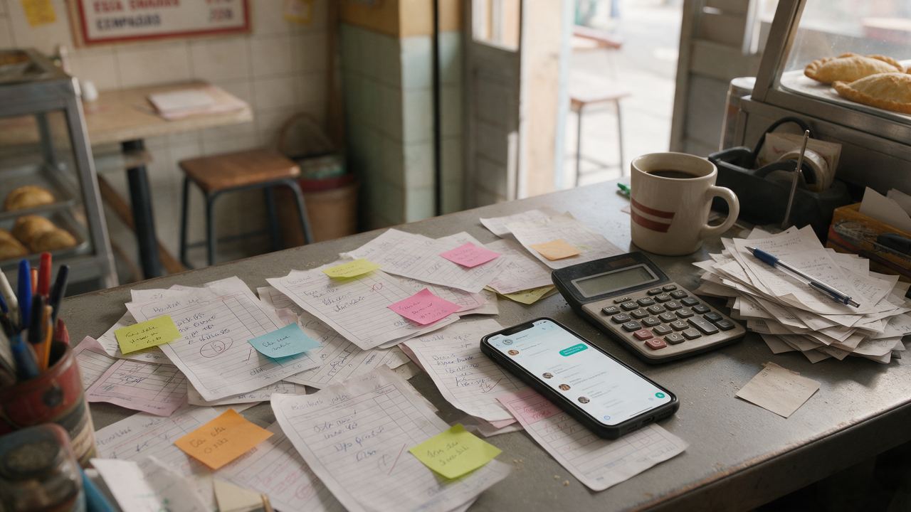 Escritorio desordenado con notas adhesivas, boletas y un celular