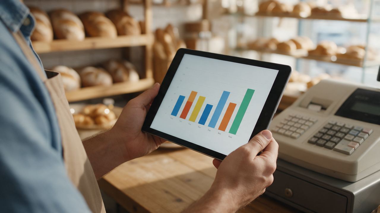 Manos sostienen una tableta con un gráfico de ventas junto a una caja registradora