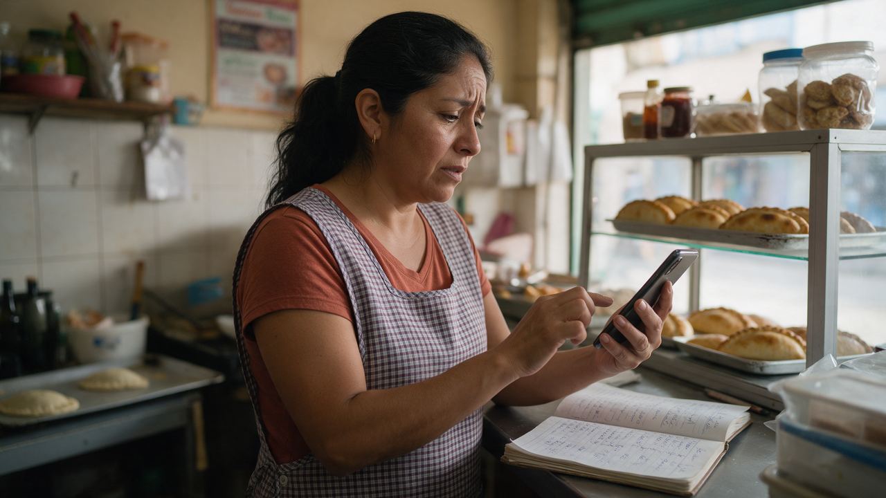 Dueña de una tienda de empanadas revisa su celular junto a un cuaderno de pedidos escritos a mano
