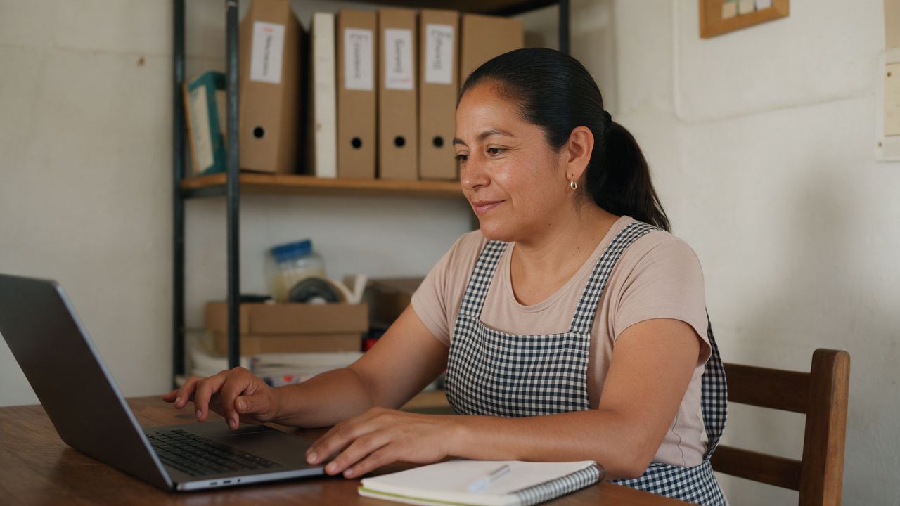 María organiza su trabajo en un computador portátil con archivadores rotulados detrás